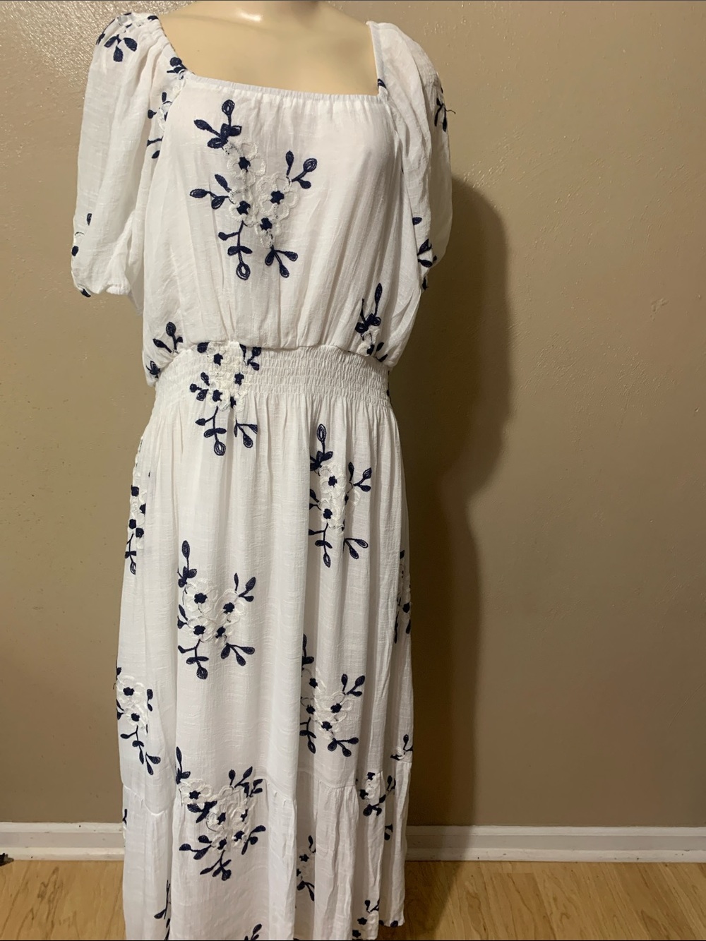 Kindred 2X White Maxi Dress with Navy Floral Embroidery
